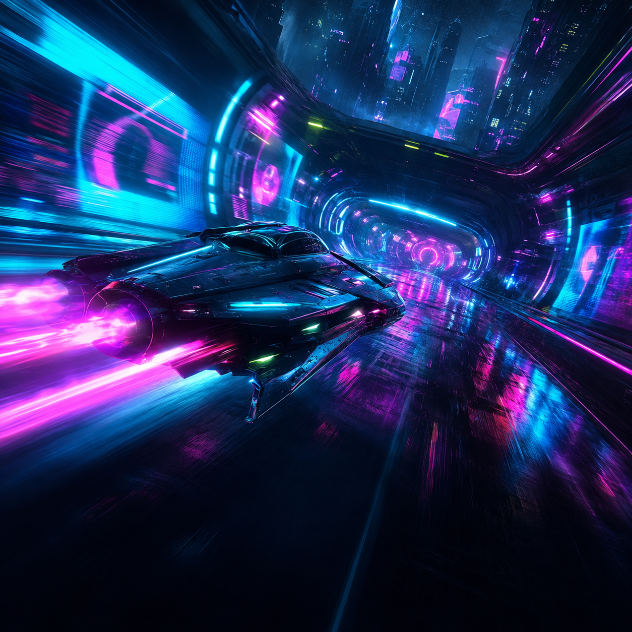 Futurystyczny bolid w neonowym tunelu